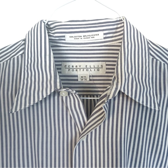 Perry Ellis Portfolio Men’s Blue and White Striped Button Down Dress Shirt Large - Picture 2 of 8